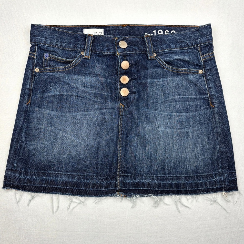 Gap 1969 Denim Skirt Womens 25/0 Blue Raw Hem Exposed Button Fly Mini Jean Skirt